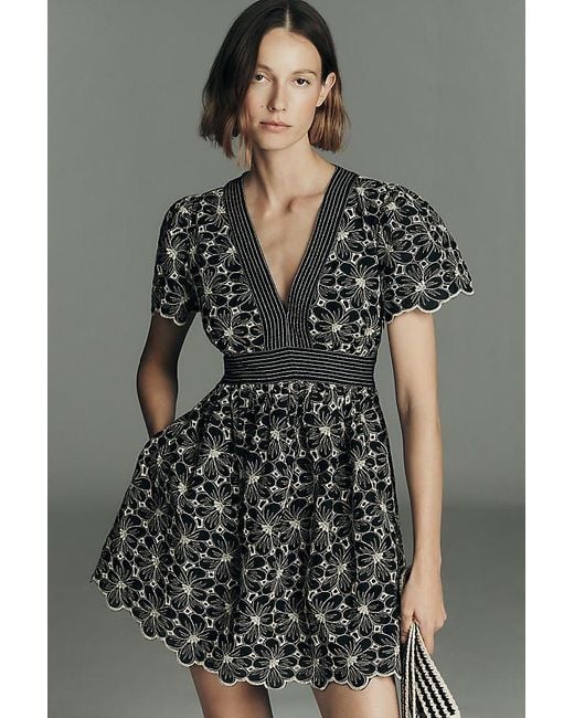 Maeve Gray Cotton Lace V-Neck Mini Dress