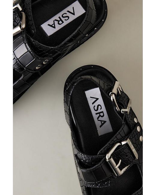 ASRA Black Sami Double-buckle Studded Leather Sandals