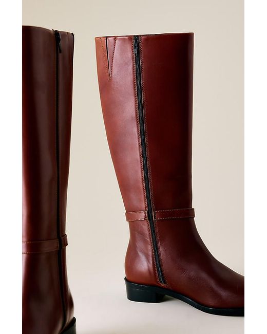 Maeve Red Buckle-Strap Riding Boots