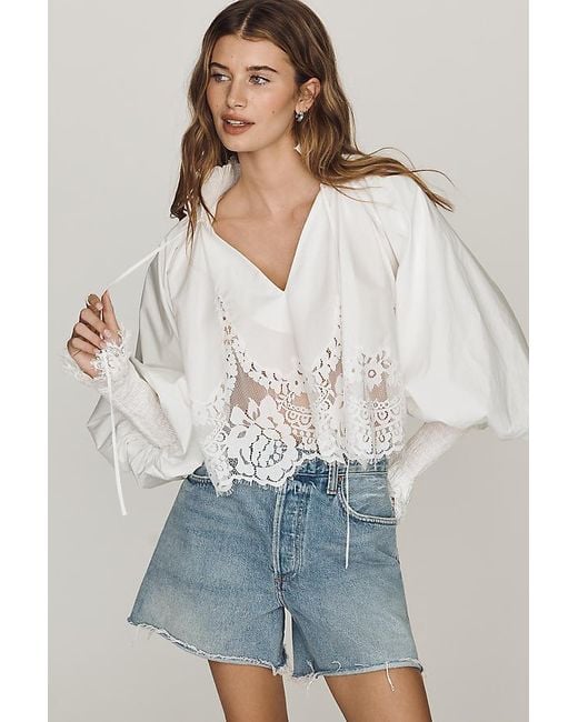Mare Mare White Lace Inset Long-Sleeve Blouse
