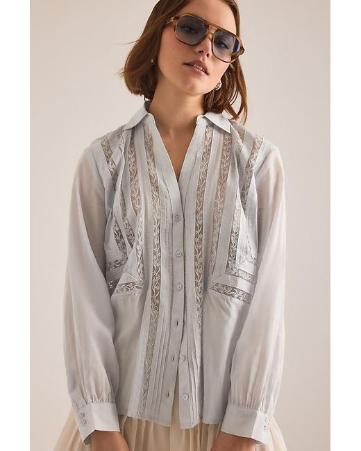 By Anthropologie Natural Lace Inset Long-Sleeve Buttondown Top