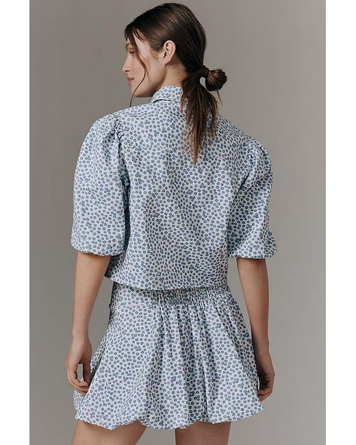 Maeve Gray Bubble-Sleeve Buttondown Top