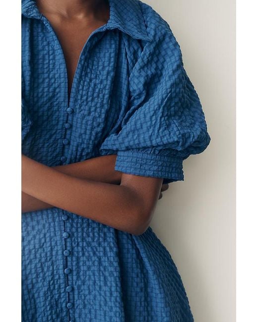 English Factory Blue Puff-Sleeve Textured Midi Shirtdress