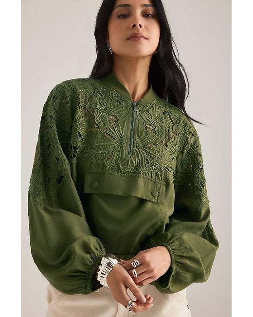 Maeve Green Embroidered Half-Zip Bomber Jacket