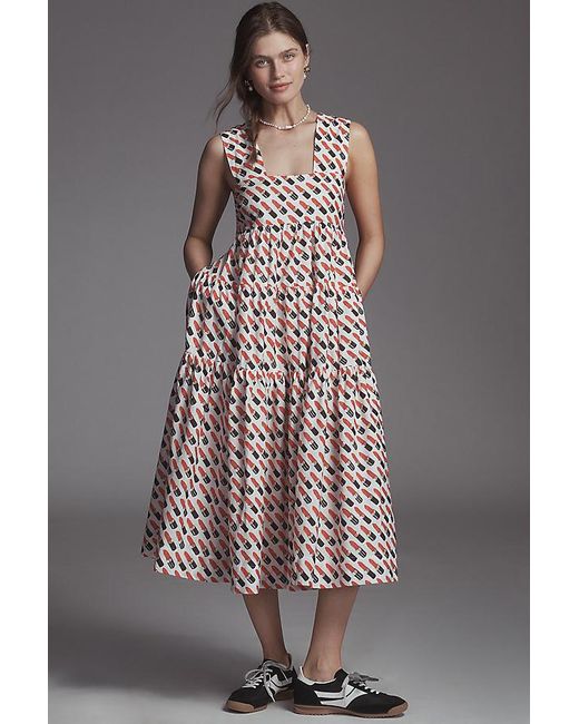 By Anthropologie Natural Square-Neck Tiered Babydoll Dress