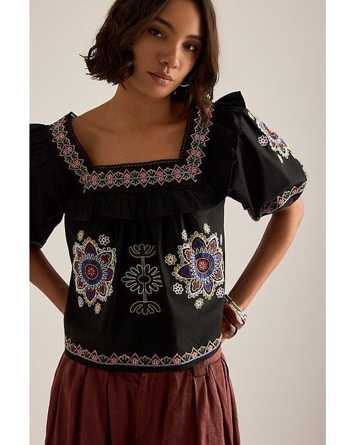 By Anthropologie Black Ruffle Puff-Sleeve Embroidered Blouse