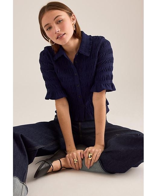 Maeve Blue Ruffle Button-Front Top