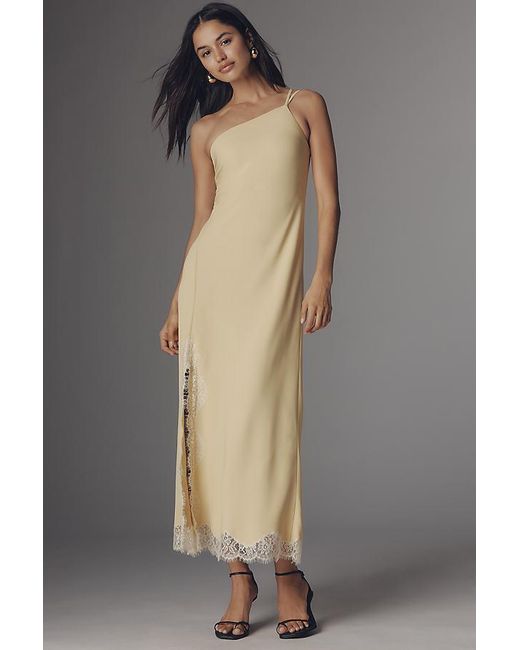 Bl-nk Yellow Satin One-Shoulder Lace Midi Dress