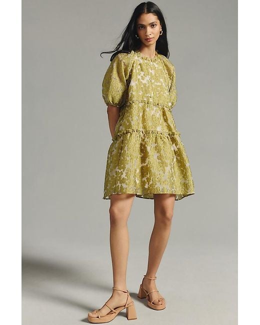 Anthropologie Yellow Short Sleeve Jacquard Mini Dress