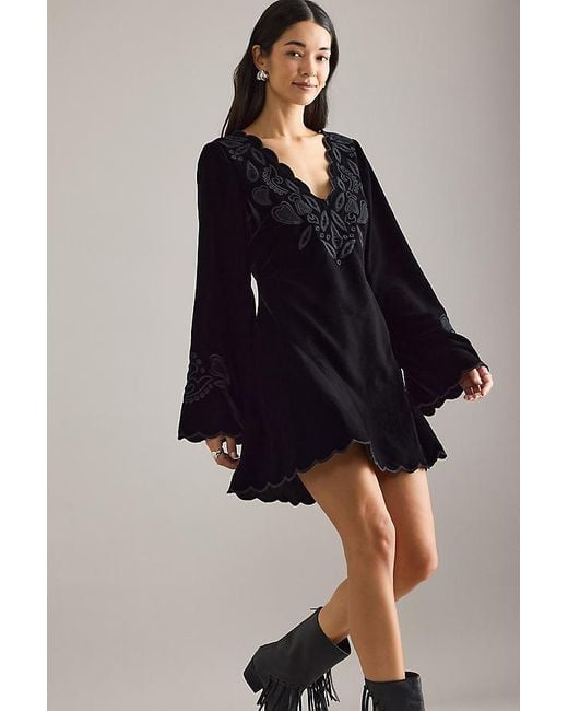 By Anthropologie Blue Iris Velvet Bell-Sleeve Scallop Mini Dress