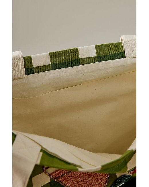 By Anthropologie Green Beaded Icon Canvas Tote Bag