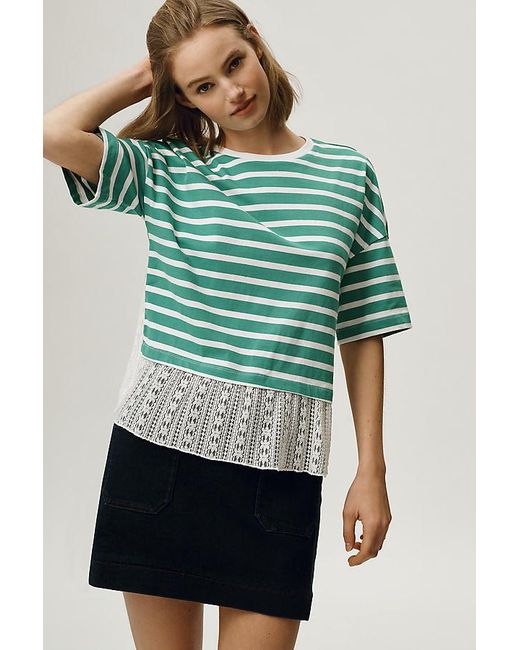 Maeve Green Stripe Lace Hem T-Shirt