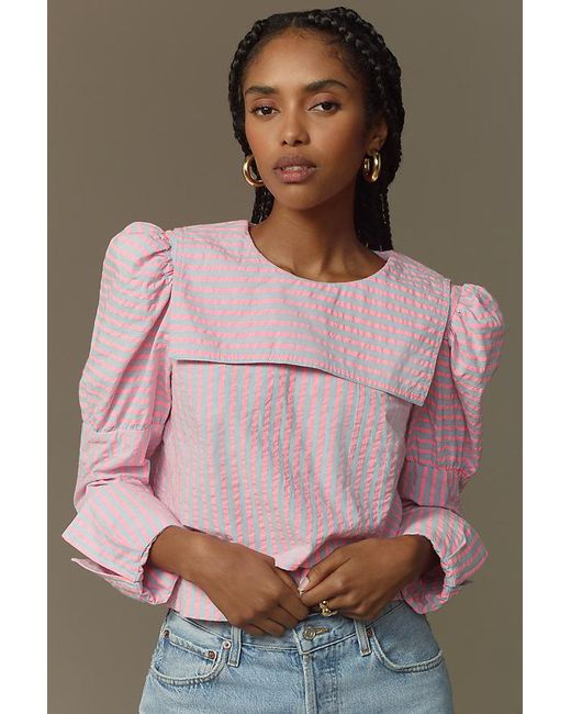 Maeve Pink Puff-Sleeve Seersucker Blouse