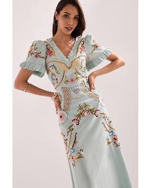 By Anthropologie White Short-Sleeve Embroidered Maxi Dress