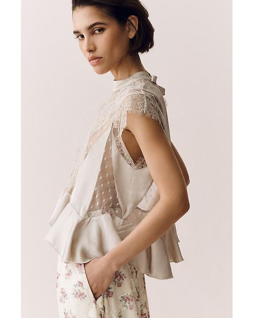 By Anthropologie Natural Sheer Lace Peplum Blouse