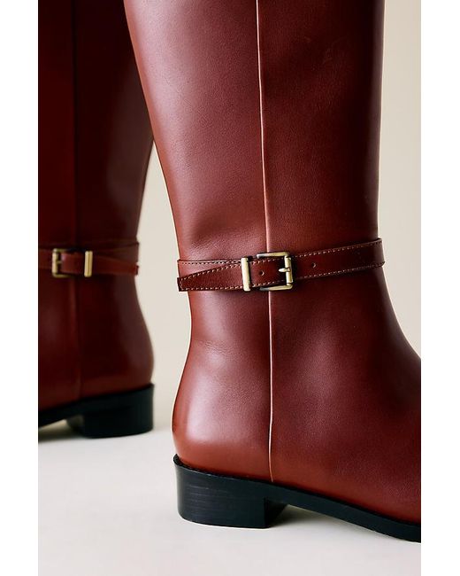 Maeve Red Buckle-Strap Riding Boots