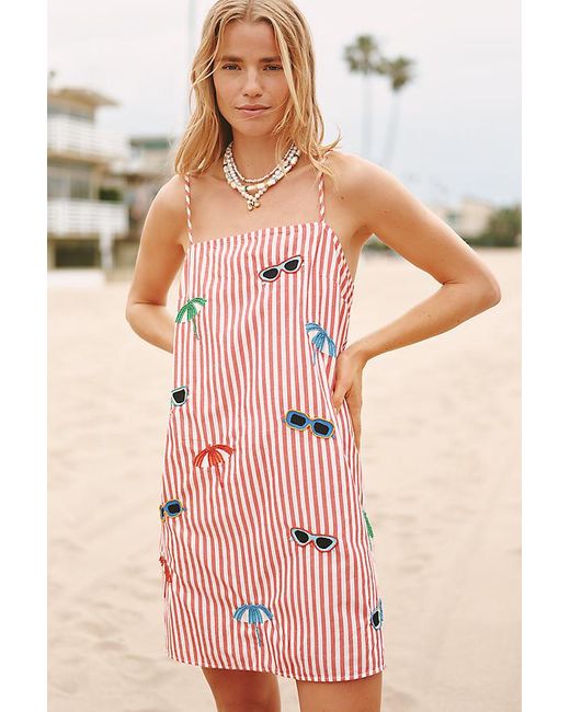 Celandine Pink Embroidered Poplin Square-Neck Mini Shift Dress