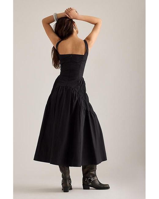 By Anthropologie Black Ruched Bow Midi Pinafore Dress