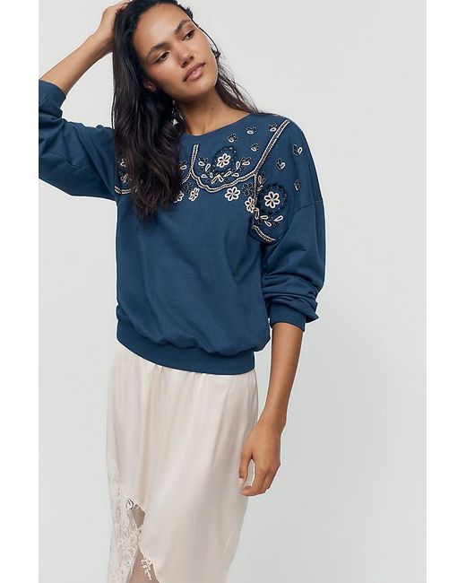By Anthropologie Blue 100% Cotton Embroidered Sweatshirt
