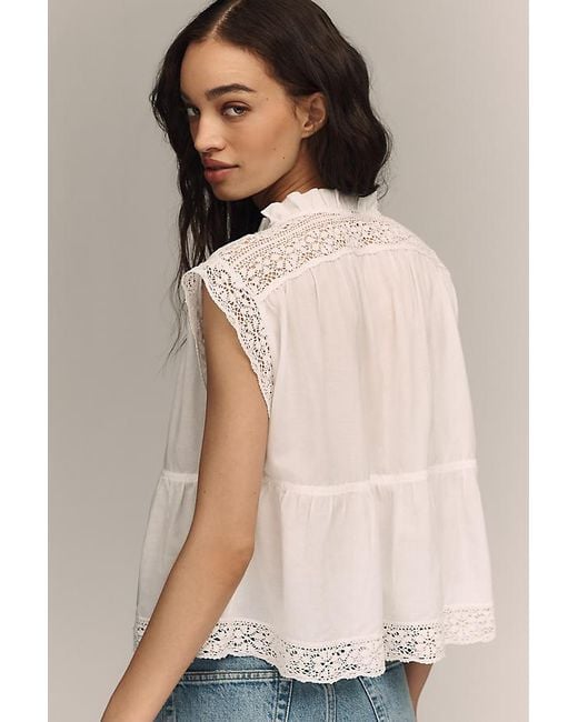 By Anthropologie White Short-Sleeve Lace-Trim Swing Blouse