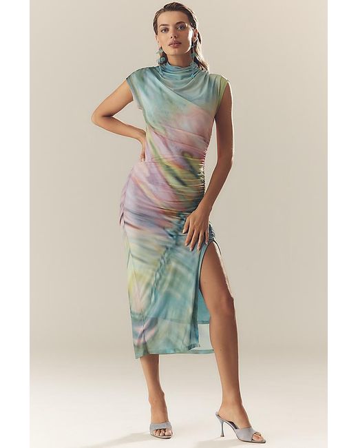 By Anthropologie Black The Maya Ruched Cowl-Neck Dress: Mesh Edition