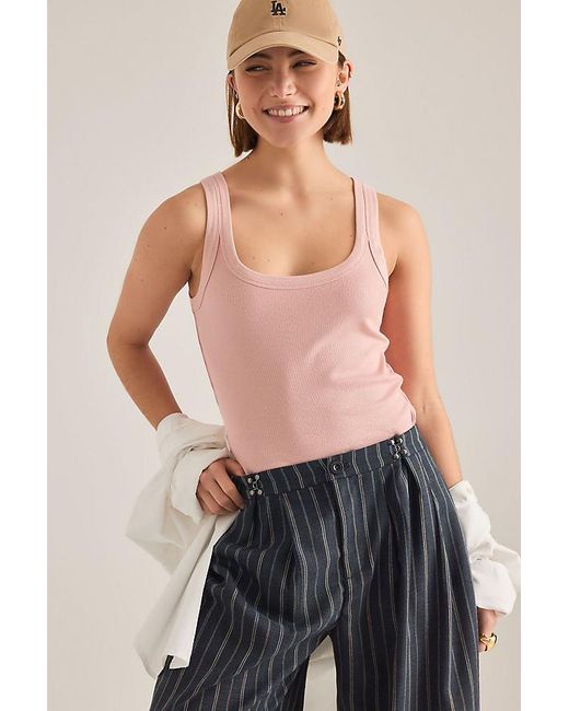 By Anthropologie Blue Ribbed Scoop Tank Top