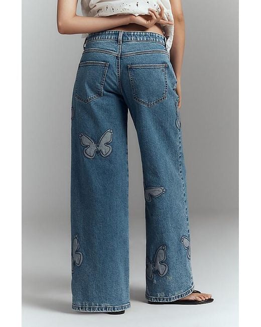 Pilcro Blue Butterfly Low-Slung Wide-Leg Jeans