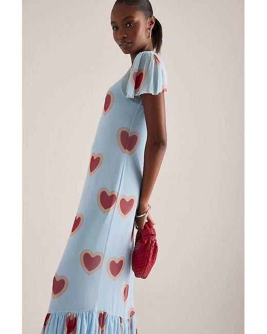 Never Fully Dressed Blue Katie Heart Print Mesh Maxi Dress