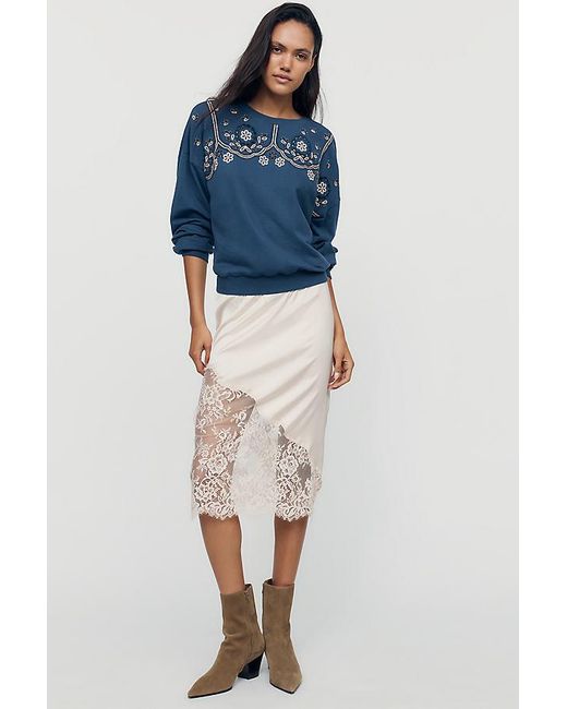 By Anthropologie Blue 100% Cotton Embroidered Sweatshirt