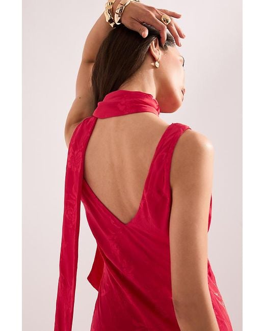 By Anthropologie Red Mindy Floral Jacquard Scarf-Neck Maxi Dress