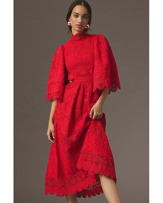 Farm Rio Red Mock-neck Cutout Lace Midi Dress
