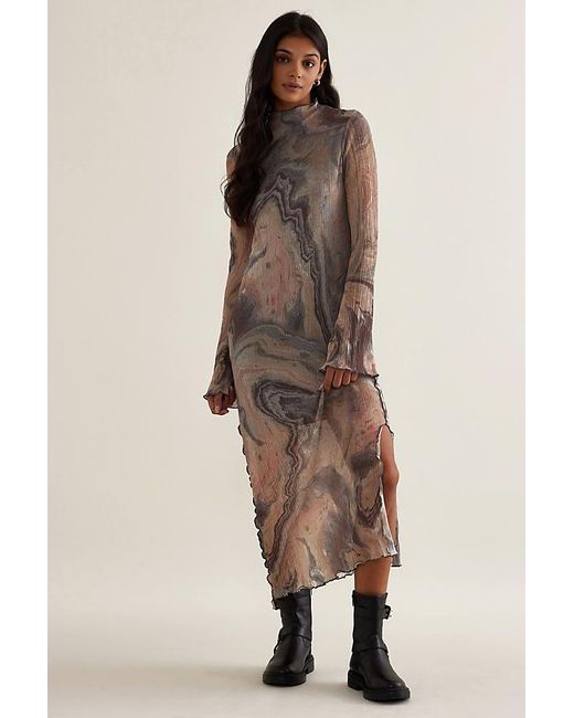 Anthropologie Natural Mila Plisse Long-sleeve Mesh Midi Dress
