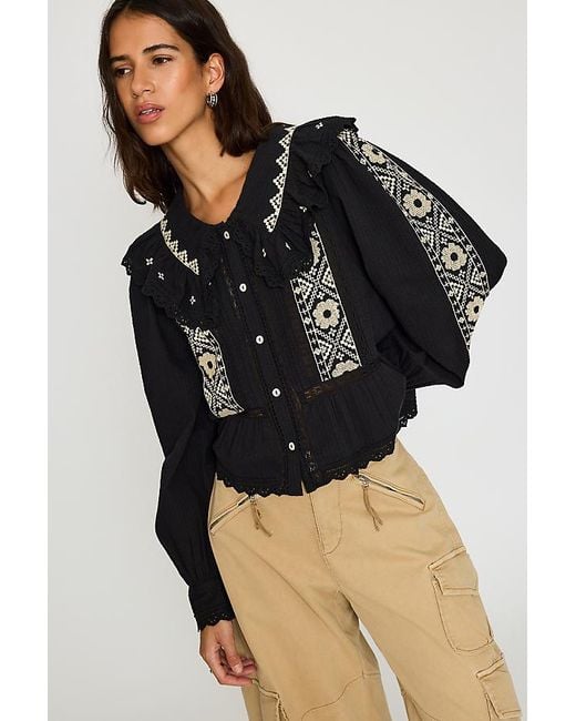By Anthropologie Black Long-Sleeve Embroidered Blouse