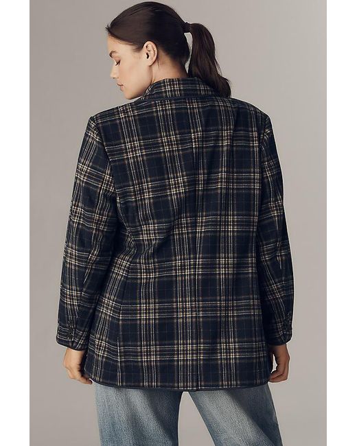 Avec Les Filles Blue Double-Breasted Knit Plaid Blazer
