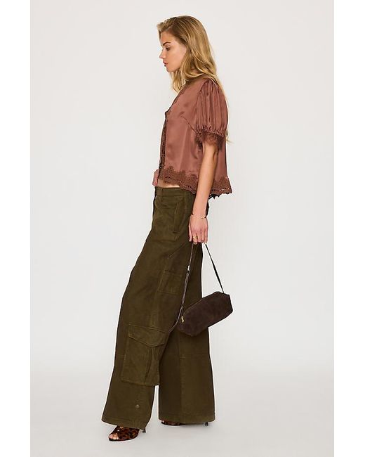 By Anthropologie Brown Stella Satin Lace-Trim Blouse