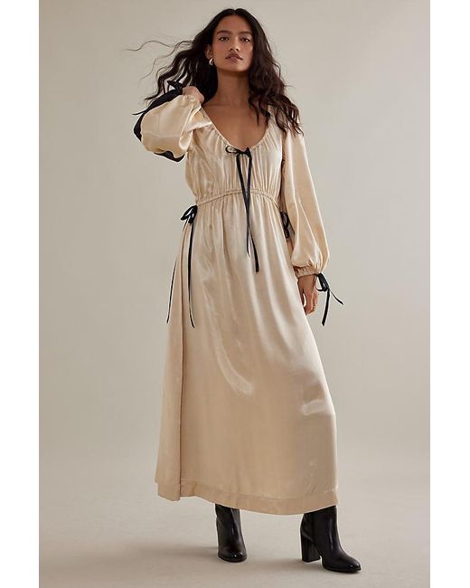 Damson Madder Natural Alexandra Long-sleeve Prairie Bow Satin Maxi Dress