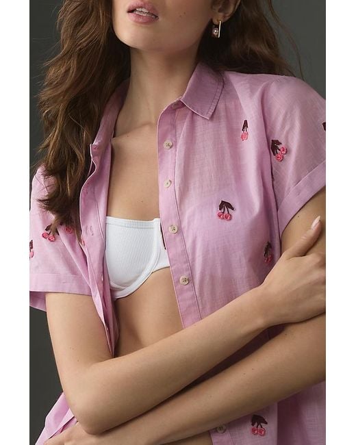 Maeve Pink Fruit Embroidered Short-sleeve Shirt
