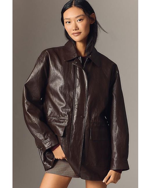 By Anthropologie Brown Cinched-Waist Faux-Leather Jacket