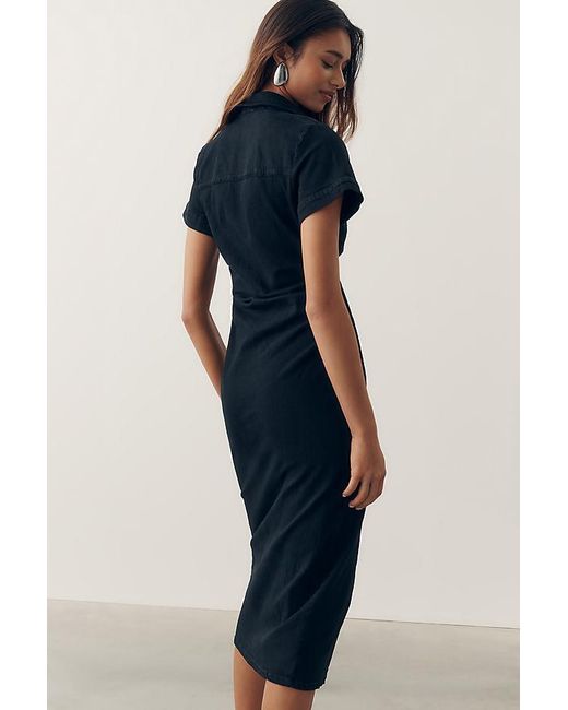 Pilcro Blue Short-Sleeve Ruched Denim Midi Shirt Dress