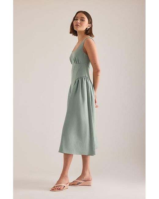 By Anthropologie Green Livy Cotton-Linen Hourglass Midi Dress