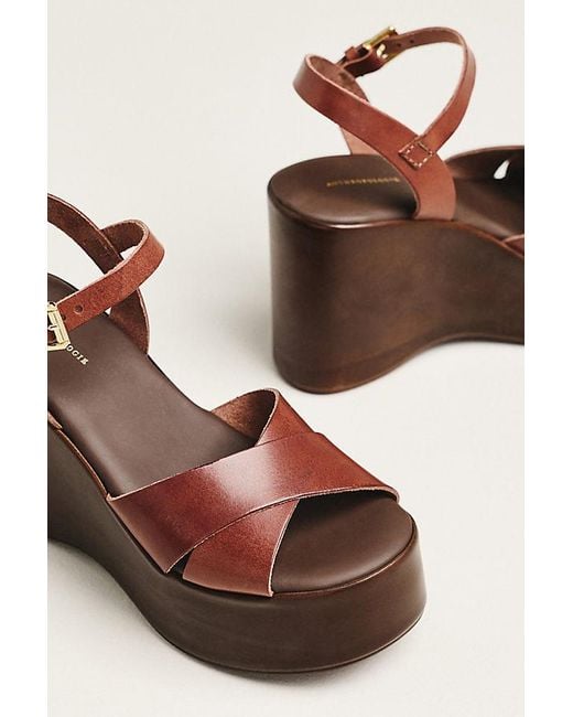 By Anthropologie Brown Wood-Bottom Ankle-Strap Platform Wedge Heels