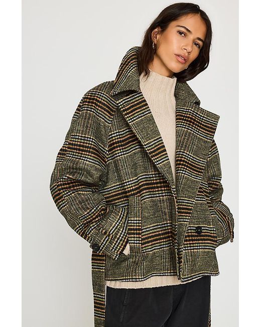 By Anthropologie Green Belted Check Wool-Blend Coat