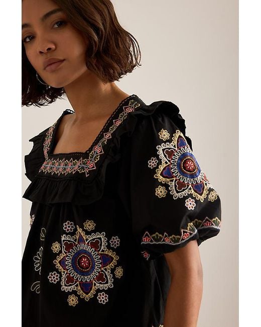 By Anthropologie Black Ruffle Puff-Sleeve Embroidered Blouse