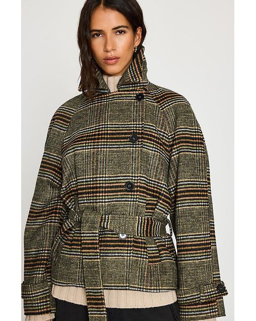 By Anthropologie Green Belted Check Wool-Blend Coat