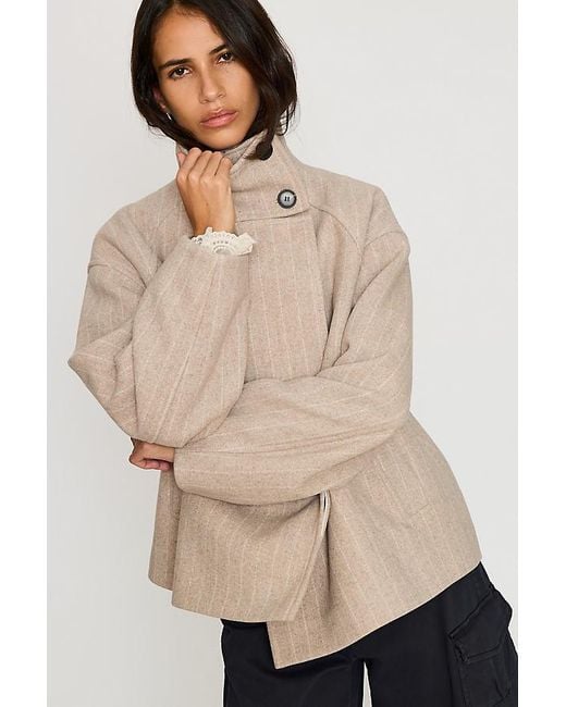 By Anthropologie Blue Funnel-Neck Stripe Wool-Blend Jacket