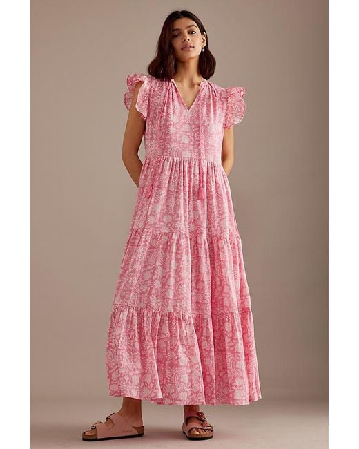 Dilli Grey Pink Penny Ruffle-sleeve Tiered Maxi Dress