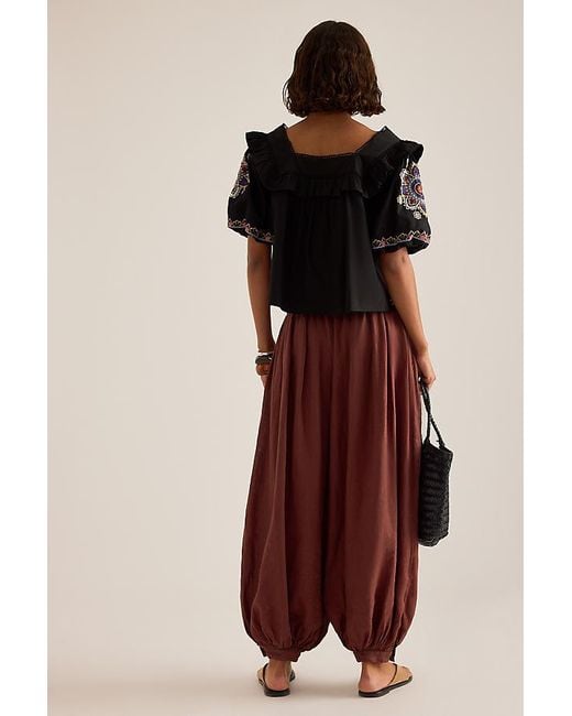 By Anthropologie Black Ruffle Puff-Sleeve Embroidered Blouse