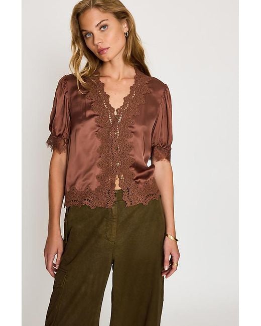 By Anthropologie Brown Stella Satin Lace-Trim Blouse