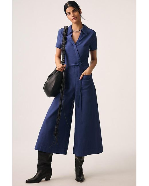 Maeve Blue Short-Sleeve Wrapped-Culotte Jumpsuit