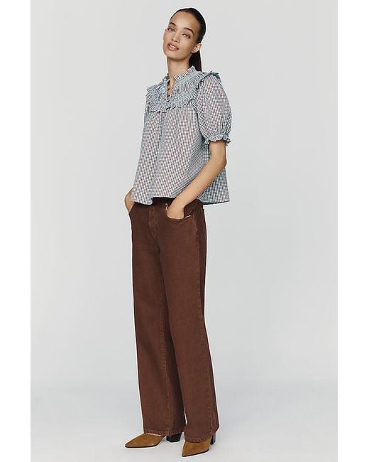By Anthropologie Gray Ruffled Puff-Sleeve Blouse